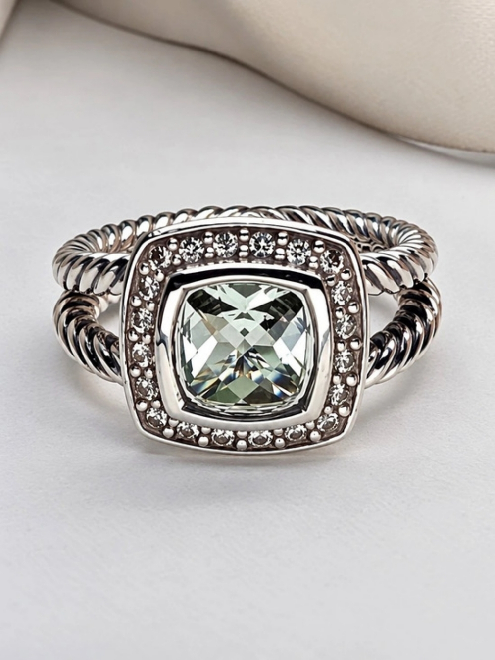 David Yurman Albion Ring with Prasiolite and Diamonds in Silver